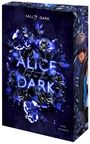 "Alice lost in the Dark" und "Dark Romance" in leuchtendem Schriftzug, umgeben von dunklen, blauen Rosenillustrationen.
