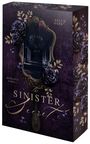 "Sally Dark", "Romance Thrill", "The Sinister Secret". Dunkle Atmosphäre mit violetten Rosen und einem Spiegel.