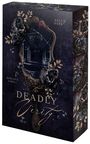 "Deadly Verity" in großer Schrift, "Romance Thrill" und "Sall Dark". Dunkles, luxuriöses Design mit Blumen und Spiegel.
