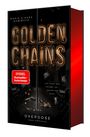 „Golden Chains“, „Spiegel Bestseller-Autorinnen“. Dunkle Szenerie; Revolver, Geldscheine, Schmuck um eine Stange verteilt.