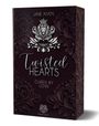 "Twisted Hearts" von Jane Aiven. "Cured by Love." Verzierungen und ein Löwenemblem auf dunklem Hintergrund.