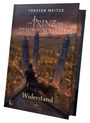 Buchtitel: "Der Prinz von Staub und Schatten II: Widerstand". Eine Figur blickt von einem hohen Gebäude auf eine Stadt mit Türmen.