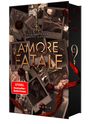 "AMORE FATALE" in großen Buchstaben, umgeben von Fotos und Rosen, Titel von Maria O'Hara & Don Both, rotes Band.