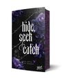 Text: "hide, seek & catch" von Eva Abyss und Cory Banner. Hintergrund: dunkles Design, violette Rosen und Totenköpfe.