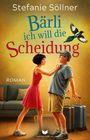 „Bärli ich will die Scheidung. Roman.“ Eine Frau zieht das Hemd eines Mannes; er hält Koffer. Eine Elster fliegt oben.