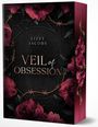 „Lizzy Jacobs“, „Veil of Obsession“. Dunkler Hintergrund, rote Blumen, Dornenkranz, rosafarbener Buchrücken.