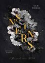 "SINNERS" in goldener Schrift auf einem Hintergrund aus schwarzen und weißen Blumen. Texte: "SAM WOODS", "REVERSE HAREM", "Ihr seid mein Feind".
