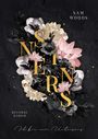 „SAM WOODS“, „REVERSE HAREM“, „Ich bin euer Untergang“. Blumen und goldene Buchstaben auf dunklem Hintergrund.