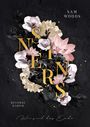 Text: "Sam Woods, Sinners, Reverse Harem, Wir sind das Ende". Florales Design aus Rosen, Magnolien, Pfingstrosen.