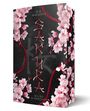 D.S. Wrights, Sakura, Bis du zerbrichst. Rosa Blüten und rote Seile auf dunklem Hintergrund.