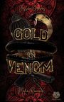 Gold & Venom. Mafia Romance. Jessica Graves. Schwarze Schlange, goldenes Gitter, Pistole, roter Hintergrund, dekoratives Muster.