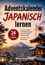 „Adventskalender Japanisch lernen“ steht groß im Vordergrund. Japanische Landschaft mit Fuji und Tempel im Hintergrund.