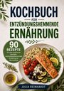 „Kochbuch für entzündungshemmende Ernährung.“ Teller mit Lachs, Quinoa, Tomaten, Zucchini, Rucola und Oliven.