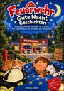 "Feuerwehr Gute Nacht Geschichten" und weitere Texte. Ein Junge schläft friedlich mit einem Hund und einer Katze vor einer Feuerwache.