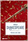 William Shakespeare, Romeo und Julia. Roter Hintergrund mit goldenen Ornamenten und einem Schwert.