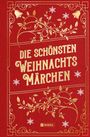 „DIE SCHÖNSTEN WEIHNACHTS MÄRCHEN“; roter Hintergrund, goldene Verzierung mit Glocken, Blättern und Schneeflocken.
