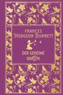 "Frances Hodgson Burnett, Der Geheime Garten" in Gold auf lila Hintergrund. Umgeben von Blumen und Vögeln.
