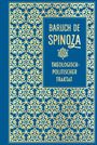 "Baruch de Spinoza: Theologisch-Politischer Traktat." Elegantes, goldenes, florales Muster auf blauem Hintergrund.