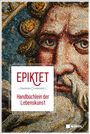 „Epiktet: Handbüchlein der Lebenskunst“ steht in roter Schrift auf weißem Hintergrund. Mosaik eines bärtigen Gesichts.