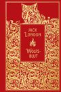 Jack London, Wolfsblut. Illustration: Goldener Wolfskopf und Muster auf rotem Hintergrund.