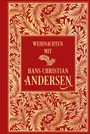 "Weihnachten mit Hans Christian Andersen" steht in goldener Schrift auf rotem Grund, umgeben von goldenen Blättermustern.