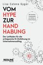 „VOM HYPE ZUR HANDHABUNG“ steht in großen Buchstaben. Darunter geometrische Muster und der Text „Mit Checklisten...“.