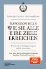 "Napoleon Hills Wie Sie alle Ihre Ziele erreichen. Spiegel Bestseller-Autor. Blauer Hintergrund, zentrales Emblem oben."