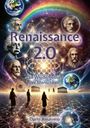 "Renaissance 2.0" und "Die Wiedergeburt der Menschheit" in lila Schrift, darunter Menschen, Universum und berühmte Köpfe.