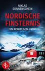 "Niklas Sonnenschein, Nordische Finsternis, ein Norwegen-Krimi. Rotes Haus vor schneebedeckten Bergen und dunklem Himmel."