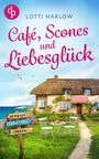 "Café, Scones und Liebesglück. Beschriftete Schilder: Newquay, Cookieteria, London. Cottage am Meer, Garten, Tisch."