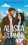 "ALASKA SUMMER" und "INES VITOULADITIS" über einem Paar in Landschaft mit Bergen, Blumen und Bäumen.
