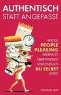 AUTHENTISCH STATT ANGEPAST. Frau trägt Bücherstapel und Uhr. Text zu Selbstfindung und People Pleasing.