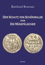 Text: "Der Schatz von Schönwalde oder Die Münzfälscher". Zwei historische Münzen auf blauem Hintergrund.