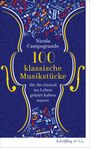 Titel: "100 klassische Musikstücke" von Nicola Campogrande. Bunte Noten auf blauem Hintergrund, dekorative Formen.
