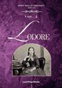 "Mary Wollstonecraft Shelley VOL. 2 LODORE. Purpurne Buchillustration, Frau in historischer Kleidung mit Buch."