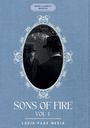 „MARRY ELIZABETH BRADDON“, „SONS OF FIRE VOL. I“, „LUCID PAGE MEDIA“. Schwarze Anzugträger in Spiegelrahmen.