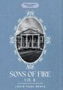 Text: "Marry Elizabeth Braddon," "Sons of Fire Vol. II," "Lucid Page Media." Klassisches Gebäude im ovalen Rahmen auf blauem Hintergrund.