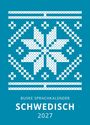 Text: "BUSKE SPRACHKALENDER SCHWEDISCH 2027". Schneeflocken-ähnliches Muster auf blauem Hintergrund.
