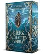 Der Text: "Carolin Herrmann", "Ein Herz aus Schatten & Verrat", "Drachenmond Verlag". Ein Herz mit goldenen Rissen, umgeben von Wellen.
