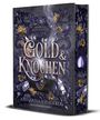 "Gold & Knochen" von Katharina V. Haderer, Band 3 "Magie von Blut und Wein"; violette, blumige Buchcover-Illustration.