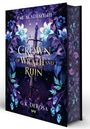 „FAE ACADEMY III, CROWN OF WRATH AND RUIN, G.K. DEROSA“. Buchcover mit violetten Blumen und einem Schwert.