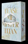 Der Text "TEASE ME, MISTER TITAN" steht in goldener Schrift. Stilisiertes Cover mit goldenen Sprenkeln auf hellblauem Grund.