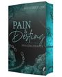"PAIN & Destiny, HEALING HEARTS" in türkis auf schwarzem Hintergrund, umgeben von Ketten und blauen Blüten.