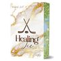 "Healing Ice" und "Klara Juli" auf marmoriertem Hintergrund, gekreuzte Hockeyschläger mit Puck, Seitenrand grün mit Landschaft.