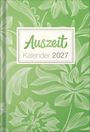 Text: "Auszeit Kalender 2027". Hintergrund: Grün mit weißen floralen Mustern.