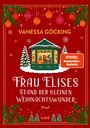 „Frau Elises Stand der kleinen Weihnachtswunder“, Illustration eines festlichen Marktstands mit Tannen und Schneeflocken.