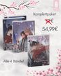 "Komplettpaket 72€ 54,99€ Alle 4 Bände!" Drei Buchcover mit asiatischen Illustrationen und Kirschblüten.