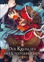 "Der Kreislauf des Unsterblichen". Zwei Hände halten sich; rote Rosen und traditionelle Kleidung in lebendigen Farben.