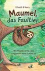 Ein Faultier hängt an einem Baum, daneben eine fröhliche Schildkröte und bunte Schmetterlinge im grünen Hintergrund.
