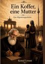 Ein Koffer, eine Mutter: Eine Migrationsgeschichte. Illustration mit älterem Mann, schreibend, und Familie vor Berliner Kulisse.